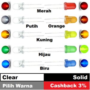 Lampu LED 5mm Terang Clear/Solid Merah Hijau Biru Kuning Orange Putih